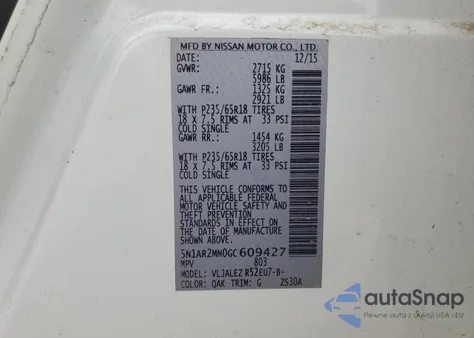 2016 Nissan Pathfinder S z USA, uszkodzony, nr VIN 5N1AR2MN0GC609427